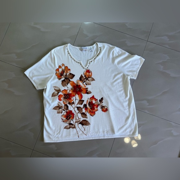 Alfred Dunner Plus size 2X Womens Cream Pullover Sweater Short Sleeve Floral - Picture 15 of 16